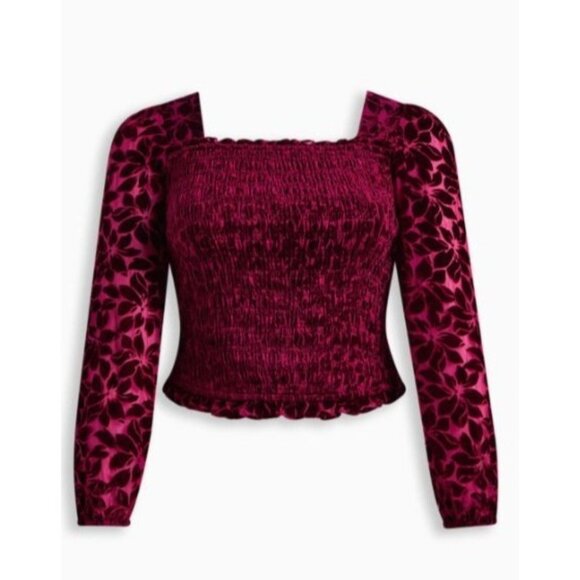 Torrid Womens Size 2x Velvet Smocked Blouson Sleeve Crop Top Burgundy plus - Picture 14 of 14